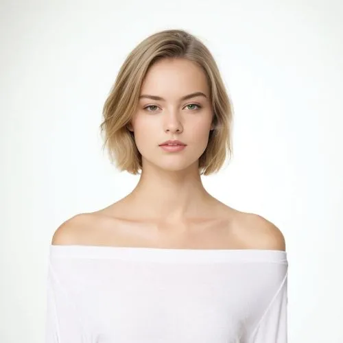 shoulder length,cotton top,asymmetric cut,girl on a white background,long-sleeved t-shirt,female model,model,short blond hair,girl in t-shirt,white shirt,in a shirt,pale,shoulder,one-piece garment,und