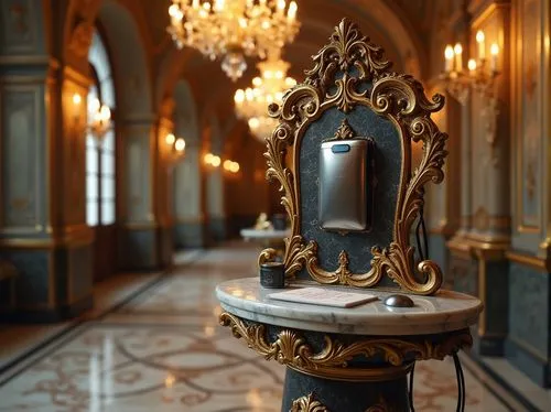 Renaissance style charging station, ornate iron framework, intricate carvings, golden accents, luxurious marble base, grandiose chandeliers above, soft warm lighting, 3/4 composition, shallow depth of