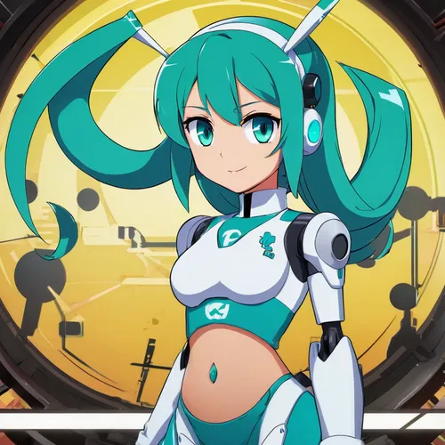 肚脐的位置有个绿色的螺母,hatsune miku,vocaloid,miku,umiuchiwa,aqua,cyan,knight star,heliosphere,wiz,incarnate clover,chariot,ixia,eris,electric arc,magna,radiatori,ferry,clockmaker,space-suit,alloy