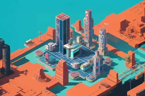 city blocks,isometric,skyscraper town,skyscrapers,skyscraper,metropolis,cubic,low-poly,low poly,cityscape,ancient city,fractal environment,cellular tower,cubes,pixel cells,space port,futuristic landscape,diamond lagoon,fantasy city,urban towers