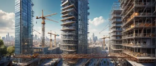 Modern skyscraper, sleek glass façade, steel beams, intricate structural framework, urban cityscape, busy street scene, cranes and pulleys, construction workers in helmets and vests, scaffolding, buil