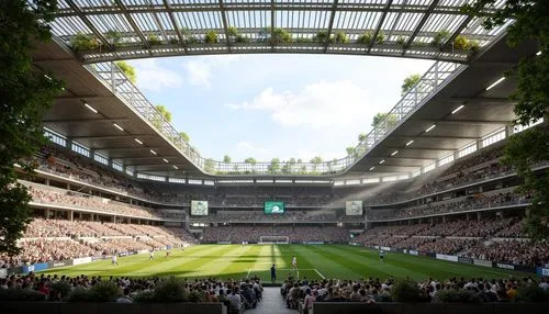 Modern soccer stadium, open-air design, natural ventilation, wind tunnel effects, aerodynamic architecture, curved lines, cantilevered roofs, green roofs, living walls, vertical gardens, evaporative c