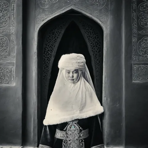 Kazakh woman from Central Asia in a black chapan,  against the backdrop of a Kazakh urt. black and white photo,indonesian women,islamic girl,muslim woman,moorish,girl in a historic way,javanese,orient