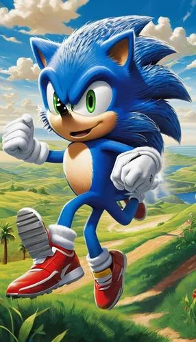 Sonic the Hedgehog, blue anthropomorphic hedgehog, energetic pose, green eyes, iconic white gloves, red shoes with golden buckle, dynamic movement, fast running, spin dash, loop-de-loop, green grassy 