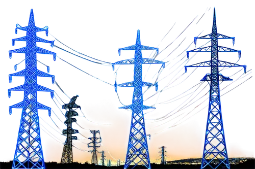 Electrical energy, glowing blue sparks, high-voltage transmission lines, towering pylons, complex circuit boards, wires tangled together, electric meters, bright flashing lights, neon signs, cityscape