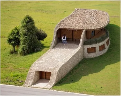 casa de dos plantas, con galería de entrada. Techo de césped. Ubicada en una pradera,grass roof,straw hut,miniature house,dovecote,thatch roof,cooling house,house roof,round hut,straw roofing,round ho