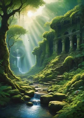 fantasy landscape,fantasy picture,green forest,cartoon video game background,elven forest,forest landscape,fairy forest,world digital painting,druid grove,landscape background,mushroom landscape,green waterfall,green landscape,ancient city,fantasy art,the mystical path,forest glade,enchanted forest,fairy world,holy forest,Conceptual Art,Sci-Fi,Sci-Fi 08