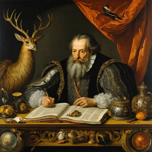 albrecht dürer,leonardo devinci,archimedes,house hevelius,rosmarinus,scholar,hunting scene,vanellus miles,king lear,santa claus with reindeer,st jacobus,prins christianssund,heraldic animal,drentse patrijshond,meticulous painting,king caudata,lachender hans,baroque,westphalia,tudor,Art,Classical Oil Painting,Classical Oil Painting 37