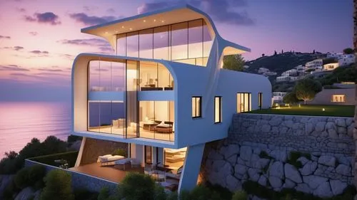 A villa with a sea view and located on a cliff,cubic house,modern architecture,modern house,cube stilt houses,dunes house,holiday villa,luxury property,cube house,frame house,penthouse apartment,luxur