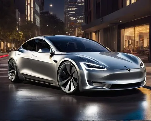 Tesla 48V architecture, futuristic electric car, sleek silver body, sharp lines, LED headlights, sporty wheels, low-profile tires, metallic paint, glossy finish, modern urban cityscape, night scene, n