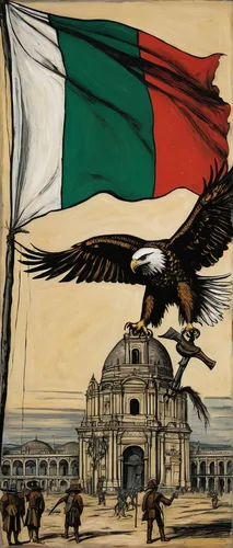 Imagine a thrilling battle between the eagle on the Mexican flag and a mythical creature.,italian flag,italy flag,vatican city flag,volpino italiano,mexican revolution,segugio italiano,bulgaria flag,i