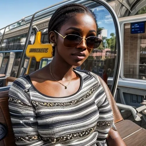 brown skinned woman in square sunglasses on a bus bench waiting for a bus,the girl at the station,african woman,travel woman,angolans,maria bayo,london underground,nigeria woman,senegal,light rail,lew