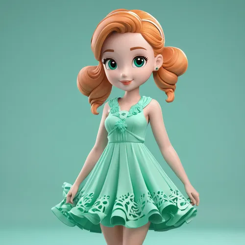 princess anna,doll dress,dress doll,cute cartoon character,a girl in a dress,3d figure,female doll,green dress,elsa,princess sofia,3d model,disney character,tiana,doll figure,redhead doll,fairy tale character,doll's facial features,clay doll,clay animation,cute cartoon image,Unique,3D,3D Character