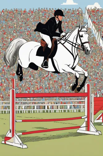 Write a thrilling scene where a horse jumps over an obstacle during a heart-pounding showjumping competition.,equestrian vaulting,equestrian sport,showjumping,modern pentathlon,show jumping,english ri