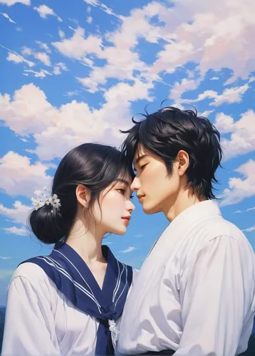 romantic portrait,idyll,kimjongilia,young couple,sailing ship,boy and girl,sailors,romantic scene,swallows,summer sky,studio ghibli,love in air,honeymoon,vintage boy and girl,oil on canvas,oil painting on canvas,blue sky,the wind from the sea,clouds - sky,blue sky clouds,Illustration,Japanese style,Japanese Style 17