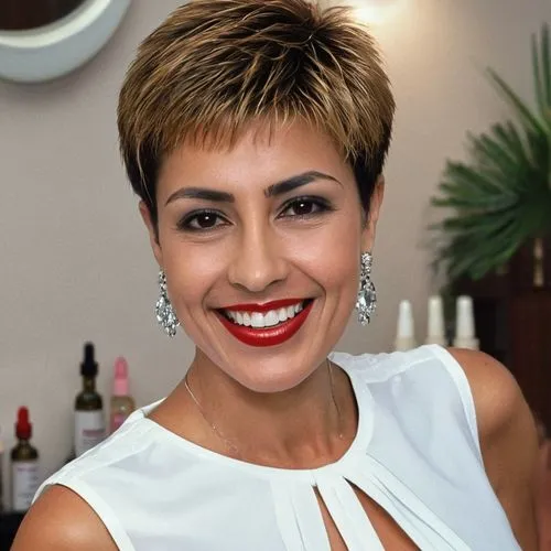  Elegant typical 1980s very short star-groomed hairstyle with fringe,rich beautiful  spanish woman red lipsticked with pushed up dyed blonde-black contrasting stretches very-short pixie star form groo