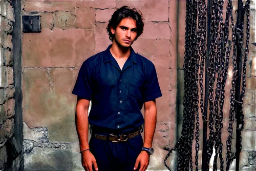 Prisoner, male, worn-out clothes, iron chains, handcuffs, dirty face, messy hair, serious expression, standing, dark cell, stone walls, metal bars, dim lighting, high contrast, dramatic composition, s