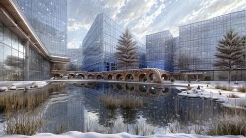 snow bridge,snow landscape,snow scene,christmas landscape,winter landscape,ice rink,snowy landscape,winter garden,winter wonderland,under the moscow city,futuristic landscape,urban development,3d rendering,inlet place,virtual landscape,winter background,city scape,moscow city,futuristic architecture,snow-capped