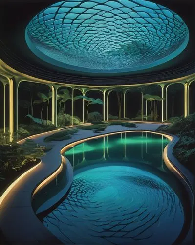 ufo interior,futuristic landscape,futuristic art museum,underwater oasis,infinity swimming pool,holodeck,underwater landscape,futuristic architecture,underwater playground,arcology,aquariums,underwater background,sky space concept,swimming pool,subaquatic,acquarium,fractal environment,poolroom,etfe,aquarium,Illustration,Retro,Retro 26