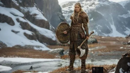 a girl with long hair standing in the snow with two birds,northmen,helgen,wiglaf,vikingskipet,glorfindel,heorot