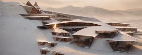   side up shot of resort mass   with engraved rooms in  the mountains.   the resort is   with  planar  sloped, fractured huge triangular  ceiling supported by dark grey steel structure and  cladded in