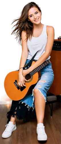 Free spirit, young woman, casual wear, guitar, ripped jeans, white tank top, sneakers, messy brown hair, bright smile, relaxed posture, playing instrument, soft focus, warm lighting, bohemian style, 3