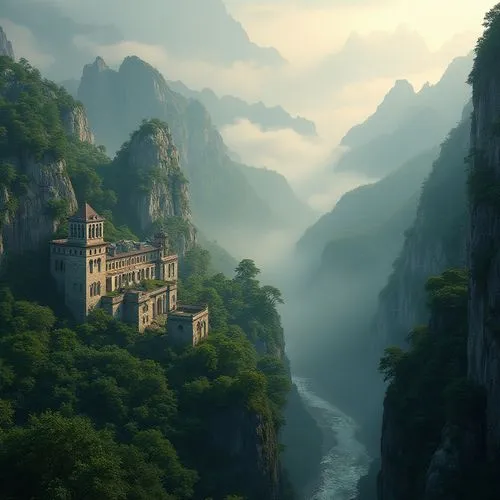 wudang,rivendell,monasteries,fantasy landscape,tigers nest,shaoming,yangshao,yangtze,wenchuan,guizhou,mountainous landscape,hushan,zhangjiagang,huangshan,guilin,wuyi,tirith,zhangjiajie,haicang,mountain settlement,Photography,General,Realistic