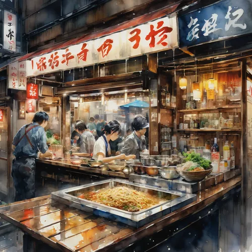 izakaya,watercolor tea shop,hong kong cuisine,korean cuisine,yakitori,street food,takoyaki,japanese cuisine,convenience store,korean chinese cuisine,taiwanese cuisine,fish market,yatai,korean royal court cuisine,seafood counter,market stall,japanese food,chinese cuisine,stinky tofu,oriental painting,Illustration,Japanese style,Japanese Style 14