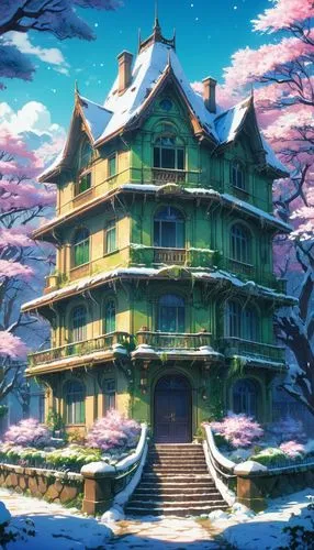 winter house,dreamhouse,witch's house,apartment house,witch house,house in the forest,Illustration,Japanese style,Japanese Style 03