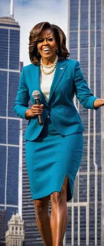 Chicago First Lady, Michelle Obama, smiling, confident, elegant hairstyle, pearl necklace, formal business suit, high heels, holding a microphone, giving a speech, standing in front of the iconic Will