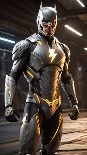 Fullbody of Savitar the villain in upper-body's from The Flash series TV, Ultra-realistic, detailed face, suit bears a downwards-pointing diagonal lightning bolt symbol on the chest. The mouth of the 