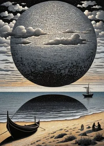 fornasetti,phleger,magritte,escher,ravilious,surrealism,sand art,dubbeldam,optical illusion,sedlacek,phlegm,dieckmann,bathysphere,boat landscape,hosseinpour,saucer,brauseufo,parallel worlds,surrealist,conchoidal,Illustration,Black and White,Black and White 23