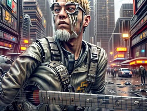 sci fiction illustration,streampunk,world digital painting,photo manipulation,photoshop manipulation,itinerant musician,street musician,digital compositing,cyberpunk,city ​​portrait,musician,synthesizer,photomanipulation,audio player,beatnik,music player,image manipulation,game illustration,street performer,post apocalyptic