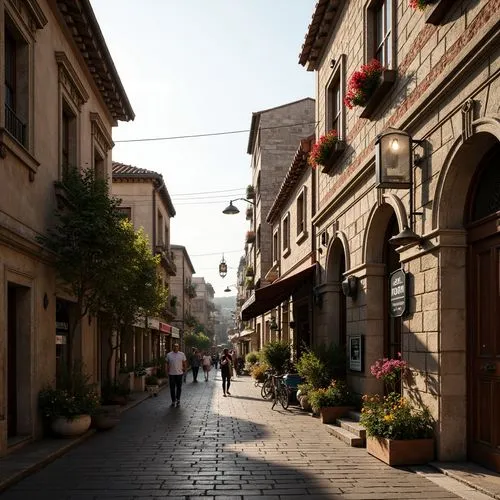 Rustic market scene, Romanesque style facades, arched windows, ornate stone carvings, weathered brick walls, terra cotta rooftops, vibrant flower boxes, bustling street life, morning sunlight, soft wa