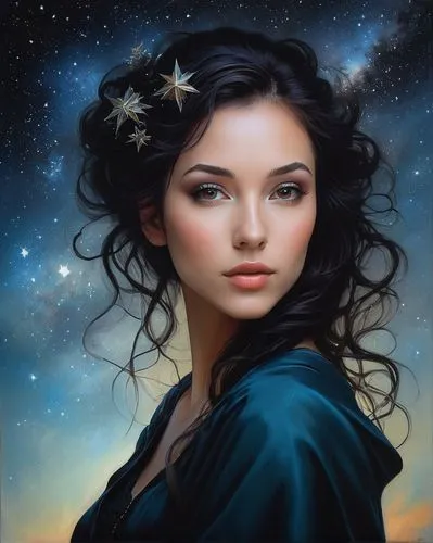 fantasy portrait,mystical portrait of a girl,fantasy art,romantic portrait,fantasy picture,world digital painting,fantasy woman,oil painting on canvas,blue moon rose,astronomer,queen of the night,constellation swan,the enchantress,constellation,zodiac sign libra,horoscope libra,cosmos,moonflower,portrait background,celestial,Illustration,Realistic Fantasy,Realistic Fantasy 16