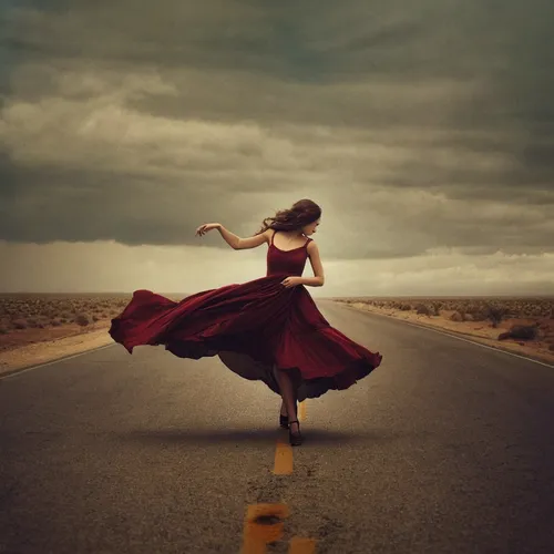 Keep going, you're making progress!,girl walking away,conceptual photography,little girl in wind,runaway,man in red dress,girl in a long dress,woman walking,long road,gracefulness,girl in red dress,da