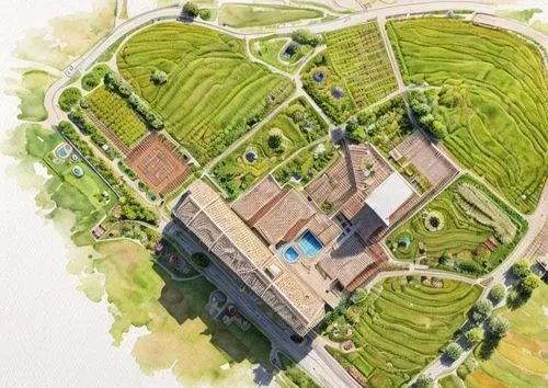 Top View, Landscape design, in the grassland background,  Watercolor style,landscape plan,kubny plan,roman excavation,hacienda,permaculture,second plan,overhead view,wine-growing area,palatine hill,ea