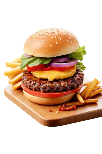 Sizzling meat, juicy burger patty, sesame seed buns, melted cheese, crispy bacon strips, lettuce, tomato, red onion, wooden cutting board, stainless steel kitchen utensils, shallow focus, warm lightin