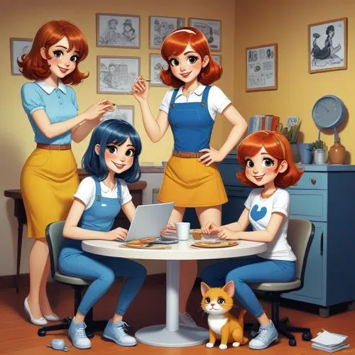 a woman and three girls sitting at a table,secretariats,retro women,retro diner,cockettes,retro cartoon people,pussycats