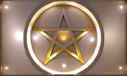 Gypsum decoration in the ceiling of a room with hidden LED lighting the ceiling,gold star with a circle design above it,circular star shield,eckankar,bajoran,christ star,starfleet,stargates,Photograph