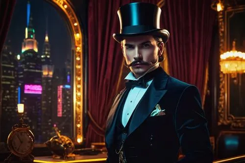 ringmaster,bellboy,drosselmeyer,aristocrat,croupier,stovepipe hat,vaudevillians,the magician,magician,victoriana,speakeasy,concierge,carnivale,gentlemanly,carnivalesque,bellhop,roaring 20's,vaudeville,debonair,bellman,Conceptual Art,Sci-Fi,Sci-Fi 26