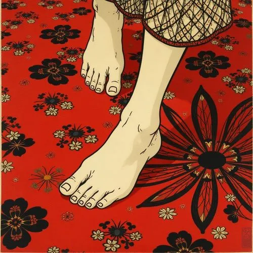 A close-up of bare feet walking on a richly patterned red and black carpet.,a drawing of a barefoot person on a floral ground,gangloff,linoleum,flatfoot,carpet,sidefoot,grasset