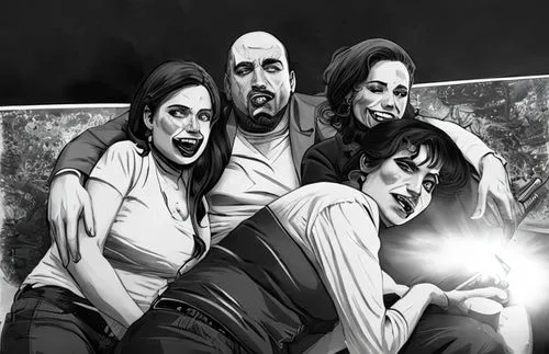 Mafioso calvo,  with a cigarrette in his mouth; with three pretty girls,money heist,nightshade family,zombies,thewalkingdead,the dawn family,the walking dead,walking dead,game illustration,myrtle fami