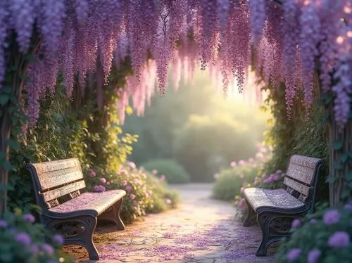 garden bench,wisteria,purple landscape,sea of flowers,lavender flowers,lilac flowers,lavender fields,splendor of flowers,lavender field,bench,lilac arbor,lavender,park bench,field of flowers,violet flowers,flower garden,lilac tree,wisteria shelf,benches,the lavender flower,Photography,General,Realistic