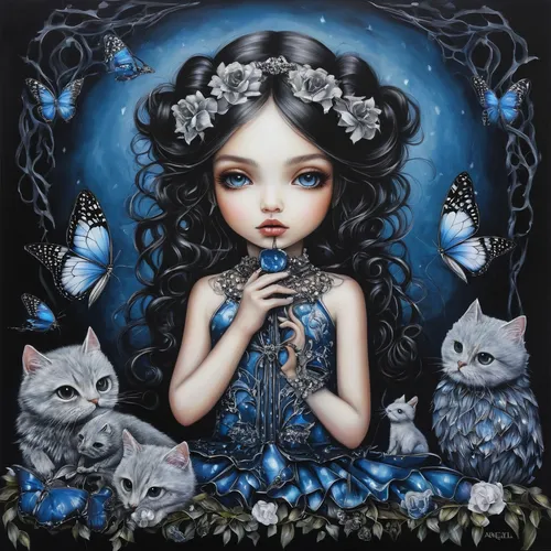 blue enchantress,holly blue,jasmine blue,the snow queen,blue birds and blossom,bluebell,silvery blue,blue butterflies,blue snowflake,white rose snow queen,blue hydrangea,blue moon rose,porcelain dolls,blue rose,mystical portrait of a girl,fairy queen,white lilac,silver blue,moonflower,faery,Illustration,Abstract Fantasy,Abstract Fantasy 14