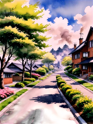 suburbs,cloudstreet,aurora village,neighborhood,home landscape,suburbia,suburb,world digital painting,suburbanized,higurashi,watercolor background,sylvania,landscape background,suburu,suburban,springtime background,bungalows,burbs,rose drive,sidestreet,Illustration,Paper based,Paper Based 30