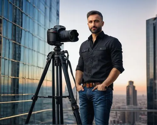 Male photographer, 35-40 years old, casual wear, jeans, black shirt, Nikon camera, tripod, architectural photography, skyscraper, cityscape, modern building, glass and steel structure, urban landscape