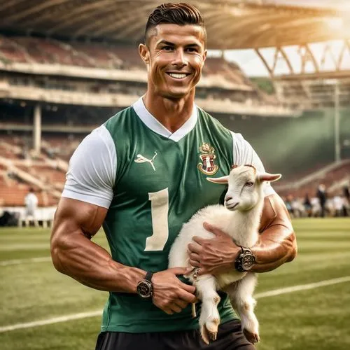 Cristiano Ronaldo, football player, muscular man, holding, cute baby goat, white beard, gentle smile, athletic wear, sporty sneakers, green grass, sunny day, stadium background, realistic texture, sha