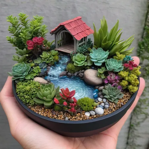 miniature house,terrarium,wishing well,garden pond,fairy house,garden pot,floating island,diorama,beautiful succulents,zen garden,fairy village,flowering succulents,succulents,japanese zen garden,pond plants,a small waterfall,japanese garden ornament,water plants,floating islands,succulent in dark red pot,Conceptual Art,Fantasy,Fantasy 03