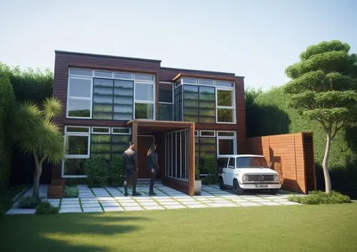 residencia clasica
rodeada de arboles.



 madera + vidrio + vegetación
hierro aluminio
jardinería vertical
plantas flores
,a house with two men standing in front of it,3d rendering,modern house,rende